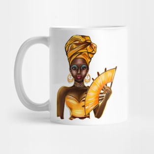 Queen Black is beautiful black girl with Gold headscarf, necklace, earrings, gold dress and head wrap, brown eyes and dark brown skin ! Mug